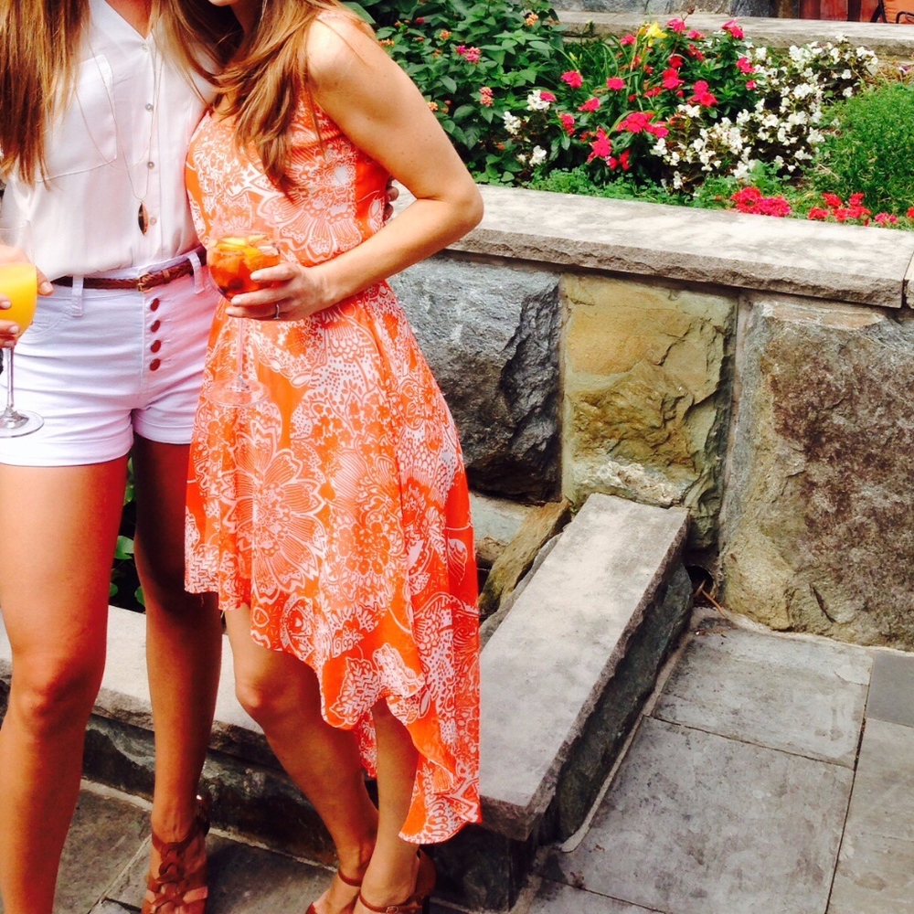 High-low, flowy, coral & white floral patterned dress by Aqua